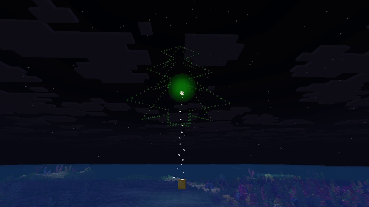 Minecraft screenshot of a firework looking like a Christmas tree out of green particles 